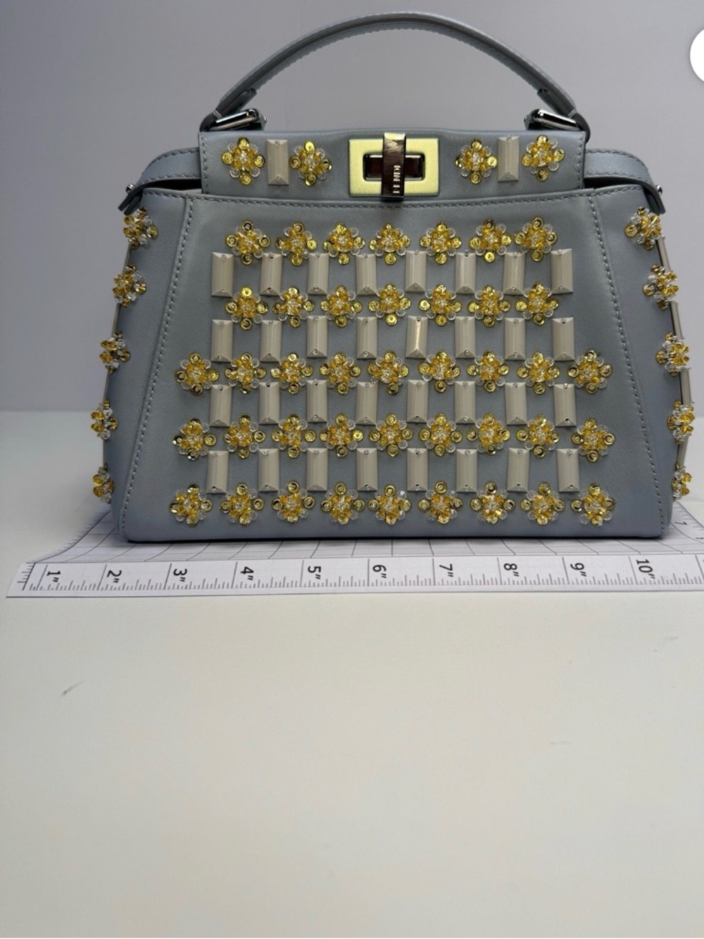 Fendi Nappa Crystal Mini Peekaboo Iconic Satchel Light Blue - Limited Edition